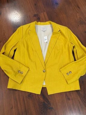 NWT Loft 100% linen Yellow Blazer Jacket Women size 14 Career Office Classic
